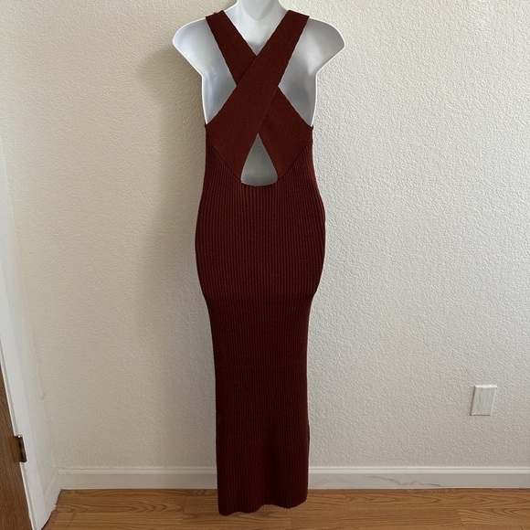 Anthropologie Elle Ribbed Cross Back Rust Brown Stretch Bodycon Dress Sz Medium - Picture 4 of 7